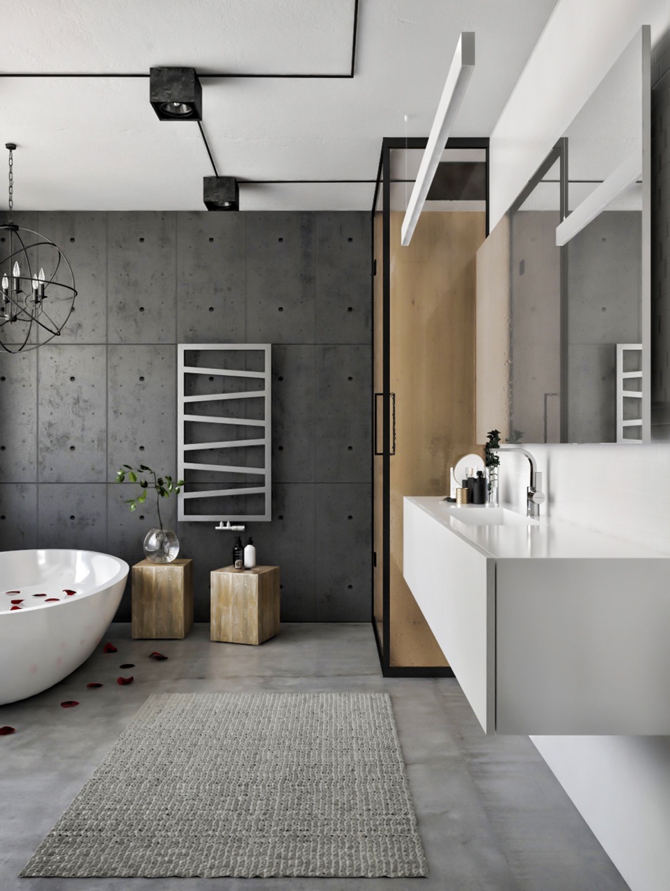 Bagno moderno con doccia in cristallo, mobile sospeso e scaldasalviette