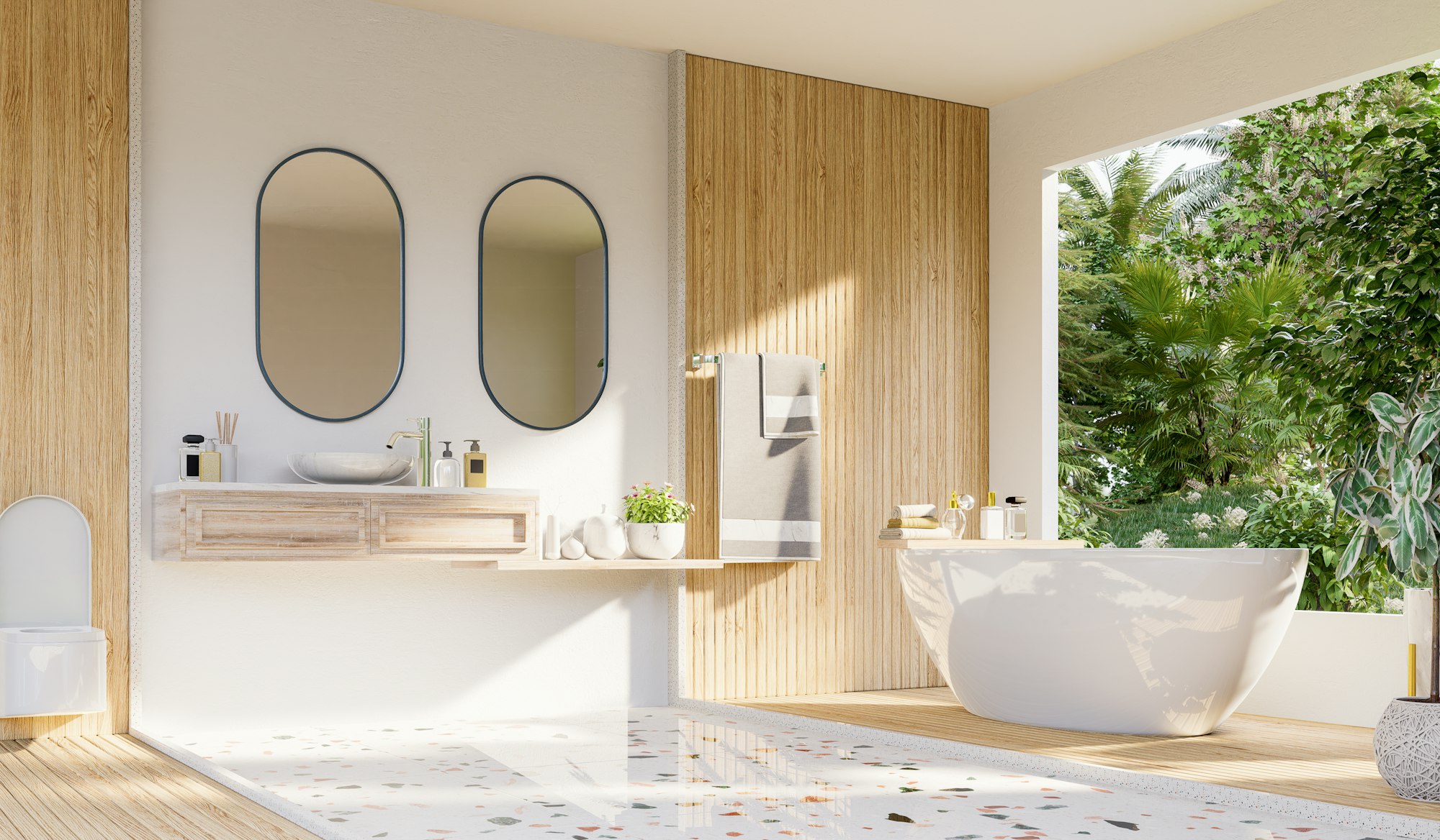 Bagno luminoso con vasca freestanding e dettagli in legno