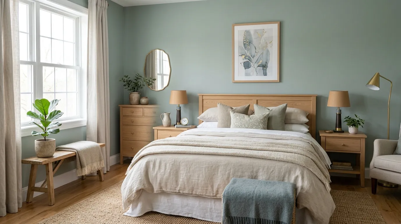 Camera da letto con pareti verde salvia, biancheria in lino naturale e dettagli rilassanti