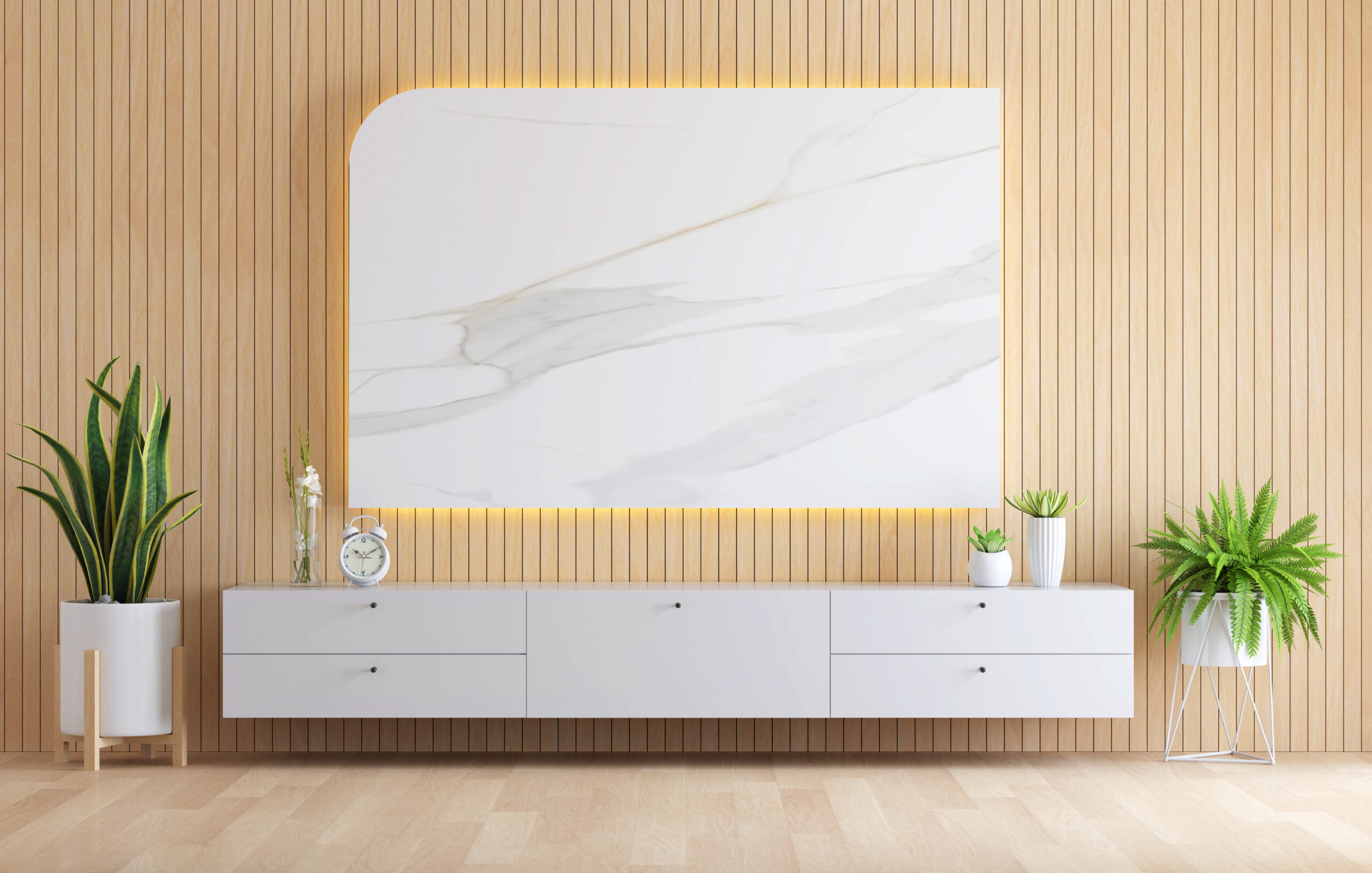 Mobile TV soggiorno con parete in marmo e design moderno
